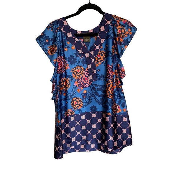Fei by Anthropologie Womens African Tribal Top Flutter Sleeve Size S Blue - Picture 4 of 7